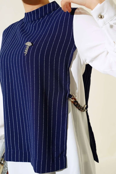Yanları Aksesuarlı Çizgili Takım Lacivert - Resim 4