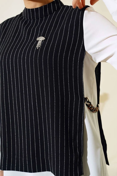 Yanları Aksesuarlı Çizgili Takım Siyah - Resim 4