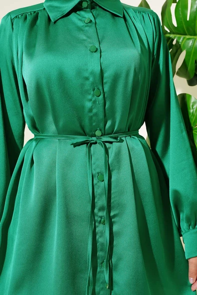 Bel İpli Omuz Büzgülü Gömlek Yeşil - Resim 4