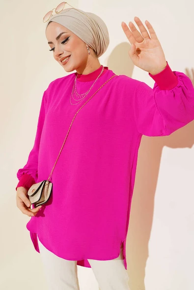 Yaka Kol Ribanalı Tunik Fuşya ürün görseli