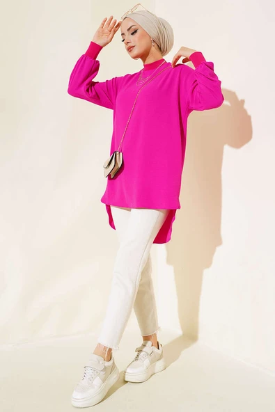 Yaka Kol Ribanalı Tunik Fuşya - Resim 2