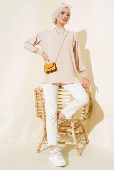 Yaka Kol Ribanalı Tunik Bej - Resim 2