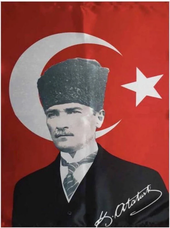Türk Bayrağı Kalpaklı Atatürk Posterli Saten Türk Bayrağı K.Atatürk İmzalı Türk Bayrağı 70x100 - 2