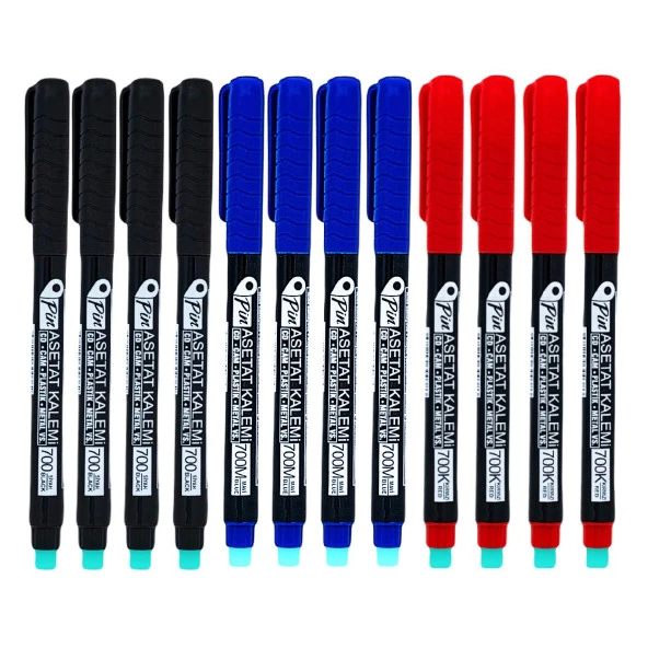 Pin 700 Asetat Kalemi S Uç 4 Kırmızı 4 Siyah 4 Mavi 12 Li Set