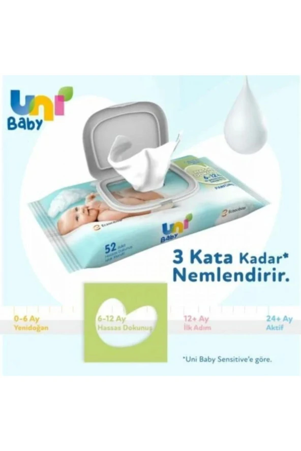 UNİ BABY Hassas Dokunuş Islak Mendil 12X52Li 6-12 Ay - 2