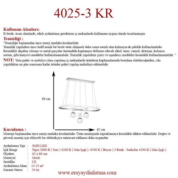 Eray Aydınlatma 4025-3 KR 3 Toplu Krom Led Avize - Resim 2
