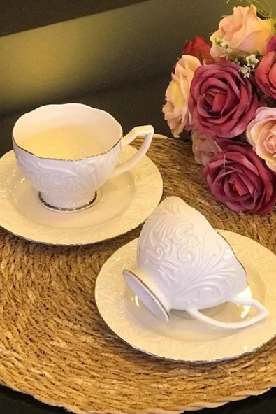 İpek Porselen Çay Fincan Takımı Platin-Gümüş Yaldızlı Rosen-200 - 2