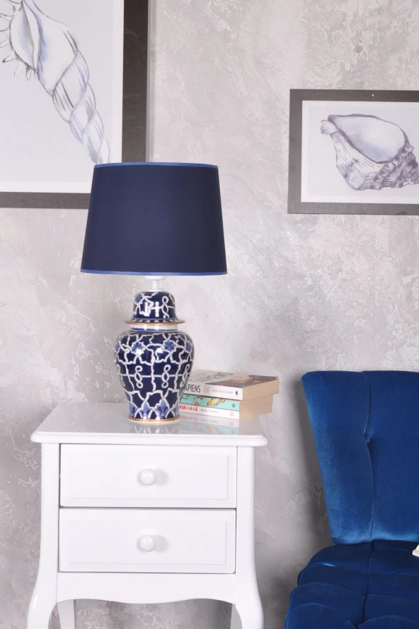 qdec Bleu Blanc Şah Vazo Abajur Mavi Yaldız Mavi - 2