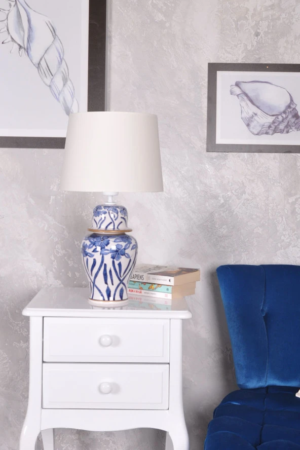 qdec Bleu Blanc Şah Vazo Abajur Çiçekli Yaldız Beyaz - 2