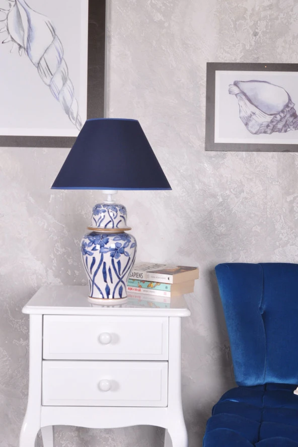 qdec Bleu Blanc Şah Vazo Abajur Çiçekli Yaldız K.Mavi - 2