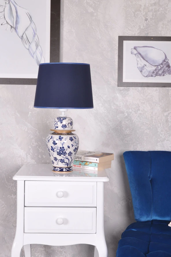 qdec Bleu Blanc Şah Vazo Abajur Bahar Dalı Mavi - 2