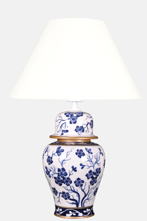 qdec Bleu Blanc Şah Vazo Abajur Bahar Dalı K.Beyaz