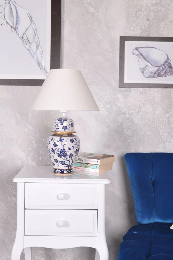 qdec Bleu Blanc Şah Vazo Abajur Bahar Dalı K.Beyaz - 2