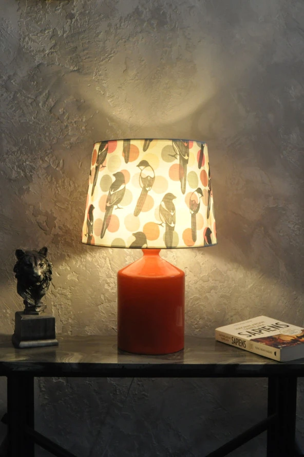 qdec Seramik Küp Vazo Abajur Turuncu - Kuş - 2