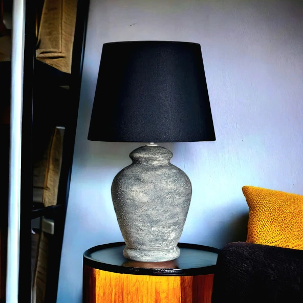 Qdec Vintage Seramik Abajur Rustik Modern Gri - Siyah