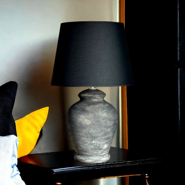 Qdec Vintage Seramik Abajur Rustik Modern Gri - Siyah - 5