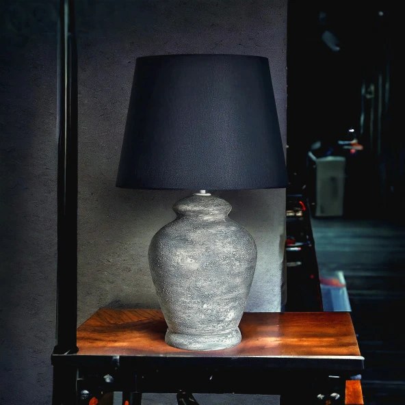 Qdec Vintage Seramik Abajur Rustik Modern Gri - Siyah - 6