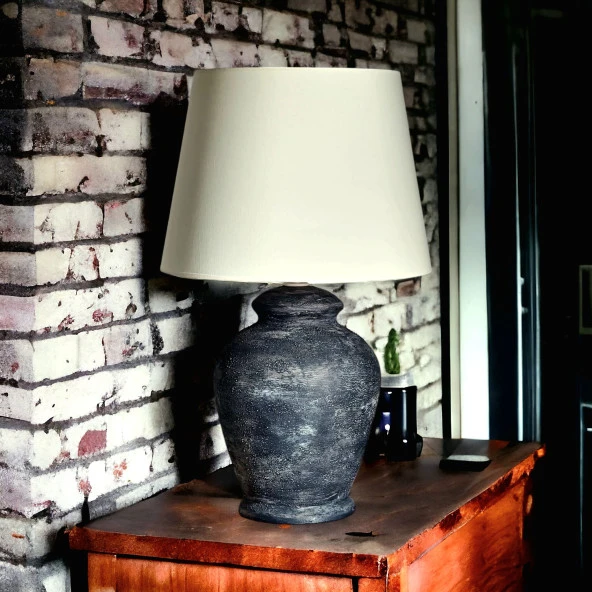 Qdec Vintage Seramik Abajur Rustik Antik Siyah - Ekru