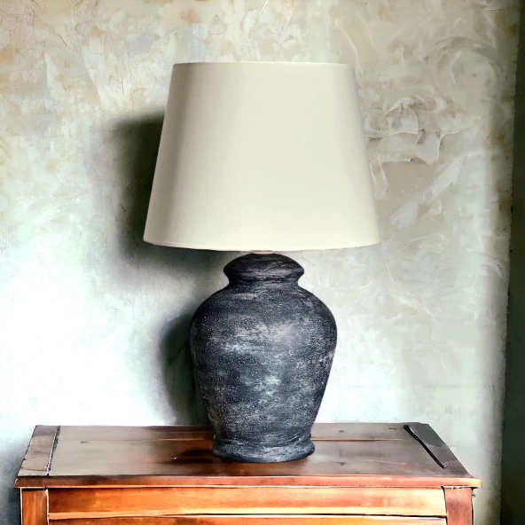 Qdec Vintage Seramik Abajur Rustik Antik Siyah - Ekru - 3