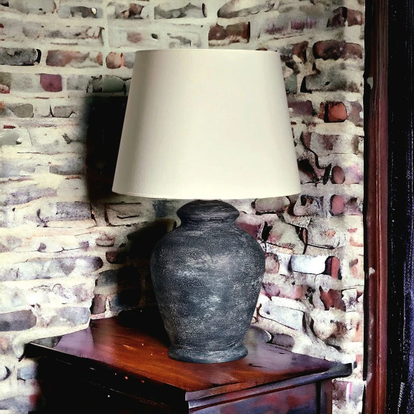 Qdec Vintage Seramik Abajur Rustik Antik Siyah - Ekru - 4