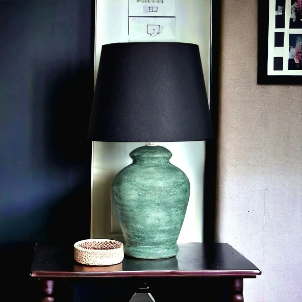 Qdec Vintage Seramik Abajur Rustik Antik Yeşil - Siyah - 4