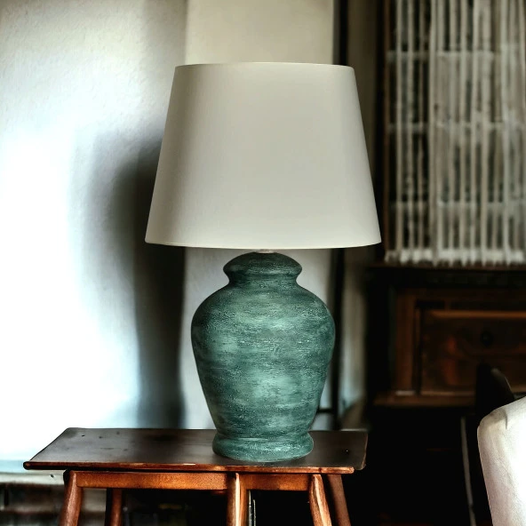 Qdec Vintage Seramik Abajur Rustik Antik Yeşil - Ekru - 3