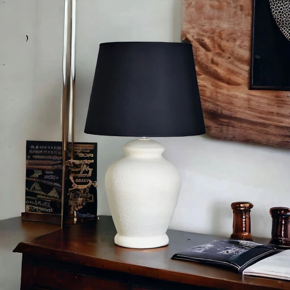 Qdec Vintage Seramik Abajur Rustik Ekru - Siyah