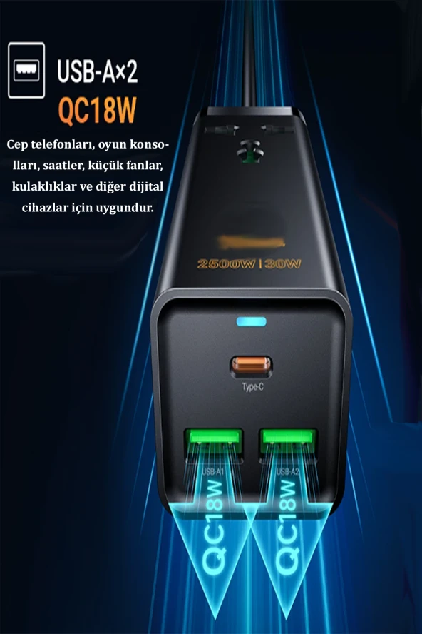 Qpen AC9A 1.5M Talent 2 Adet USB  Type-C  Priz 30W Şarj Aleti - 3