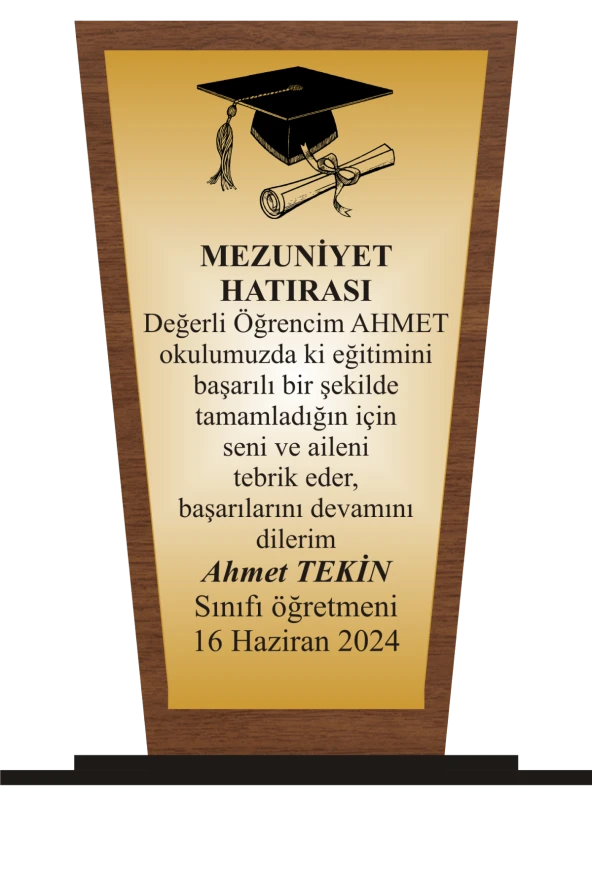 Öğrenci Mezuniyet  Plaketi Ahşap Mdf Gold Levhaya Baskılı  ,Kişiye Özel İsim Baskısı Yapılabilir