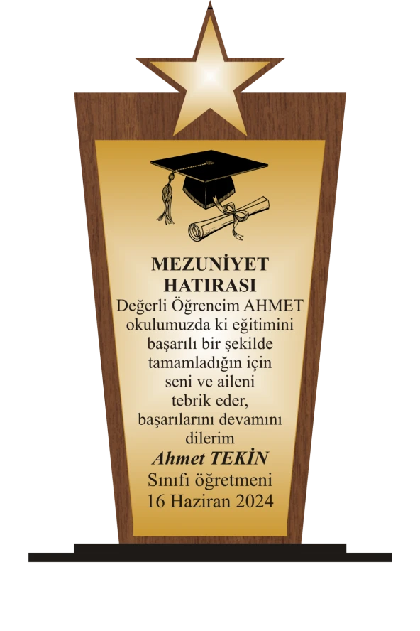 Öğrenci Mezuniyet Plaketi Ahşap Mdf Gold Levhaya Baskılı  ,Kişiye Özel İsim Baskısı Yapılabilir