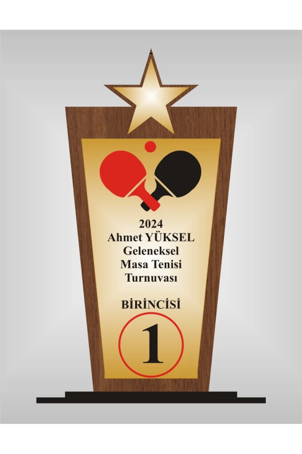 Masa Tenisi Turnuvası Plaketi , Ahşap Mdf Gold Levhaya Baskılı  ,Kişiye Özel İsim BaskıİI