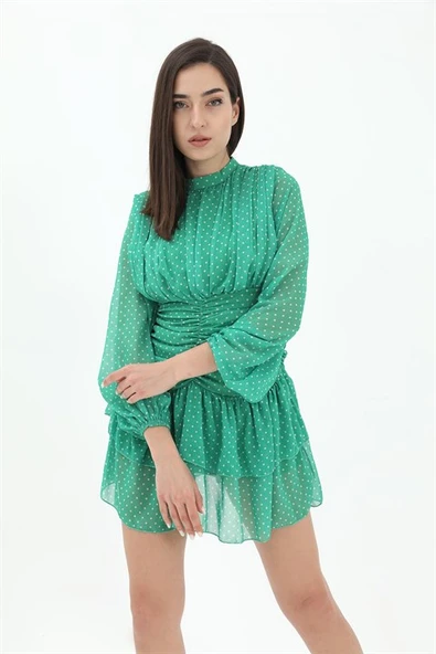 Büzgülü Puantiyeli Şifon Elbise - Yeşil - Resim 5