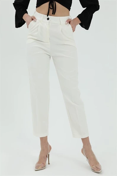 Yüksek Bel Önü Pileli Havuç Pantolon - Ekru - Resim 3