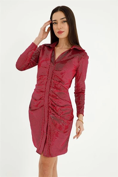 Önü Pileli Pul İşlemeli Kadın Kadife Elbise - Kırmızı - Resim 3