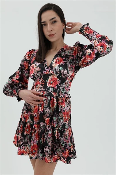 Çiçek Desenli Saten Elbise - Siyah - Resim 5