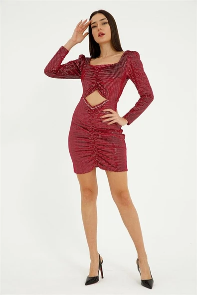 Zincir Detay Önü Büzgülü Kadın Mini Elbise - Kırmızı - Resim 4