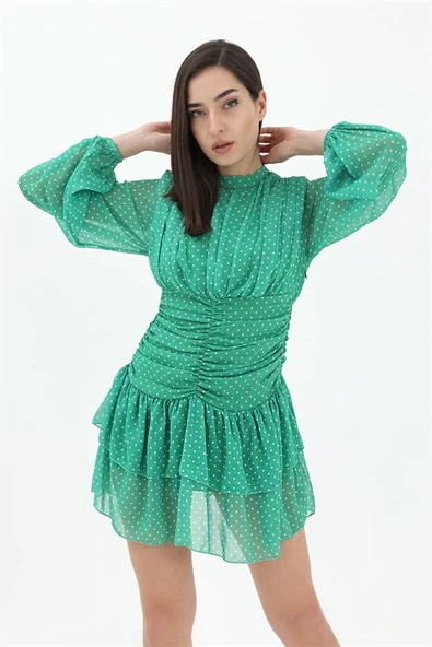 Büzgülü Puantiyeli Şifon Elbise - Yeşil - Resim 3