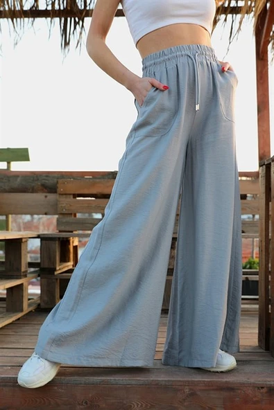 Geniş Kemerli Bol Paça Düz Keten Kadın Pantolon - Gri - Resim 5