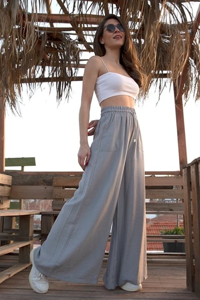 Geniş Kemerli Bol Paça Düz Keten Kadın Pantolon - Gri - Resim 3