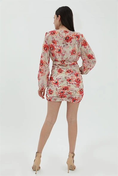 Drape Detaylı Şifon Elbise - Ekru - Resim 7