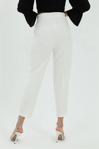 Yüksek Bel Önü Pileli Havuç Pantolon - Ekru - Resim 5