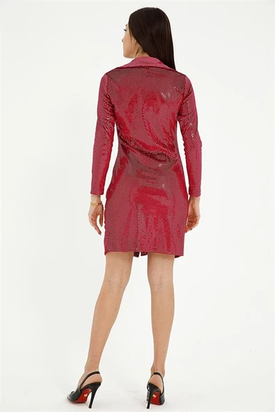 Önü Pileli Pul İşlemeli Kadın Kadife Elbise - Kırmızı - Resim 4