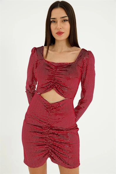 Zincir Detay Önü Büzgülü Kadın Mini Elbise - Kırmızı - Resim 7