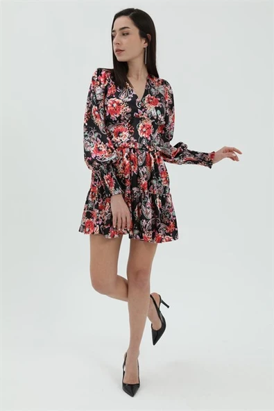 Çiçek Desenli Saten Elbise - Siyah ürün görseli 1