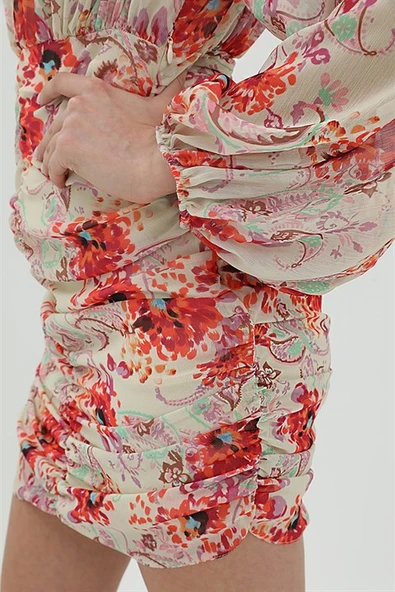 Drape Detaylı Şifon Elbise - Ekru - Resim 6