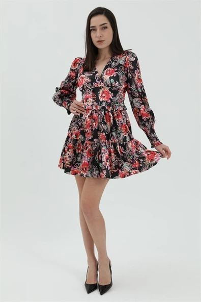Çiçek Desenli Saten Elbise - Siyah - Resim 2