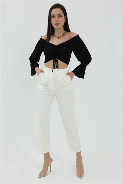 Yüksek Bel Önü Pileli Havuç Pantolon - Ekru - Resim 2