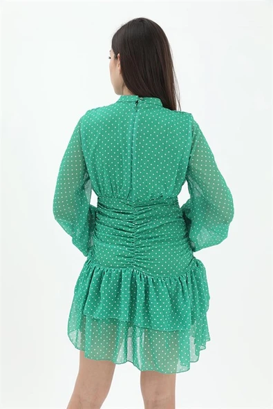 Büzgülü Puantiyeli Şifon Elbise - Yeşil - Resim 7