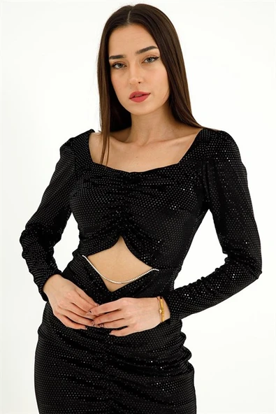 Zincir Detay Önü Büzgülü Kadın Mini Elbise - Siyah - Resim 7