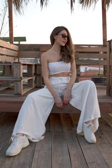 Geniş Kemerli Bol Paça Düz Keten Kadın Pantolon - Ekru - Resim 3